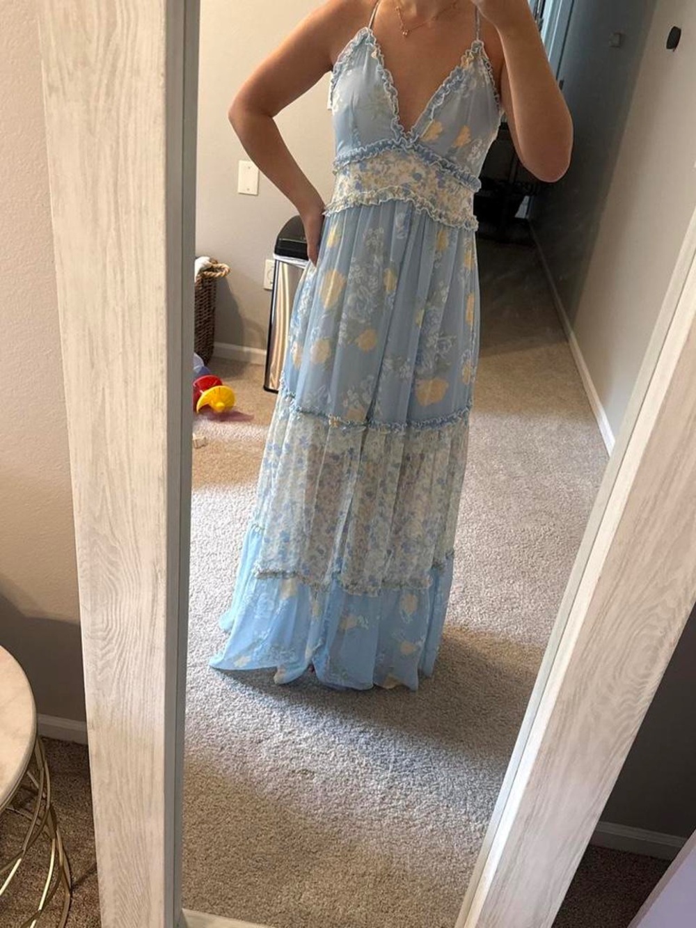 Light Blue Floral Maxi Dress with Lace Trim